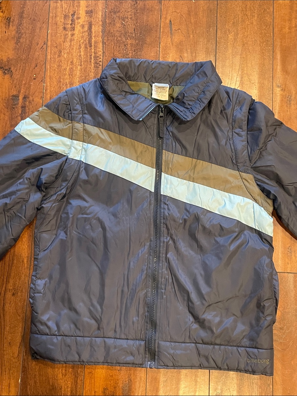 Billabong Kids Navy Blue Puffer Jacket/Vest with Light Blue and Olive Stripes